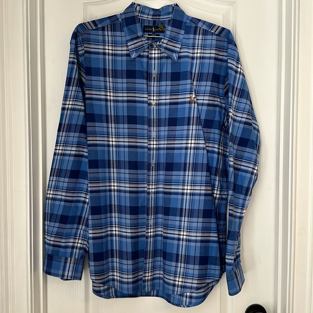 Ralph Lauren Blue White Plaid Button Down Shirt Slim Fit XL